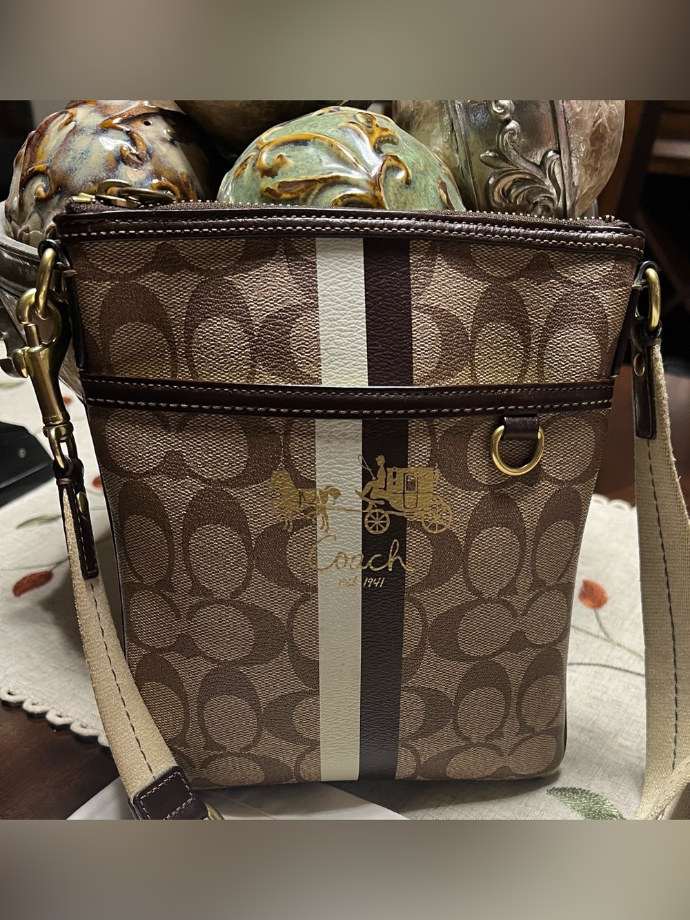 Coach Brown Signature Stripe Crossbody Bag